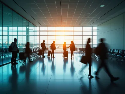 Silhouetted Travelers Walking Through A Modern Airport Terminal