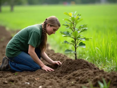 Young Woman Planting A Small Tree In A Field