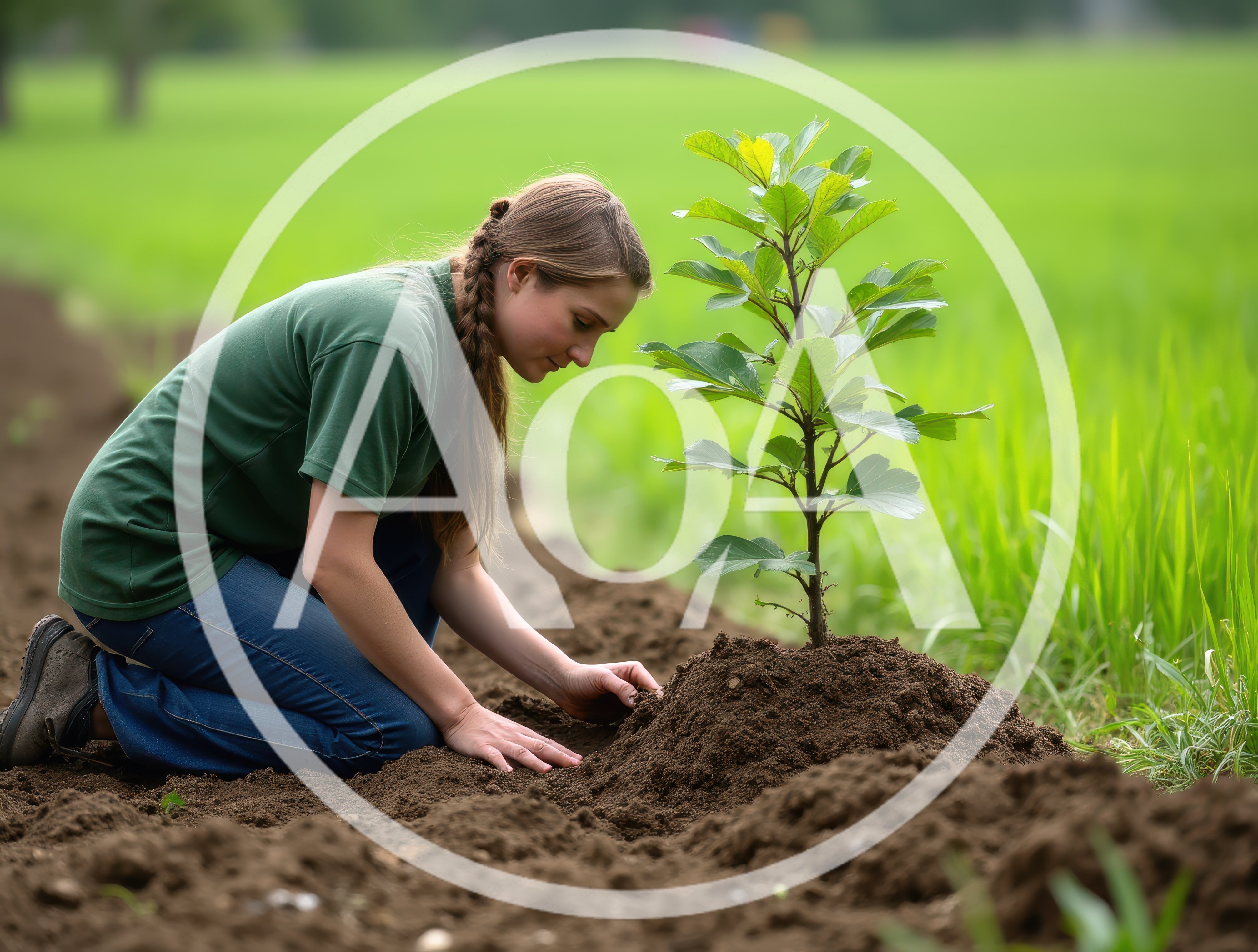 Young Woman Planting A Small Tree In A Field