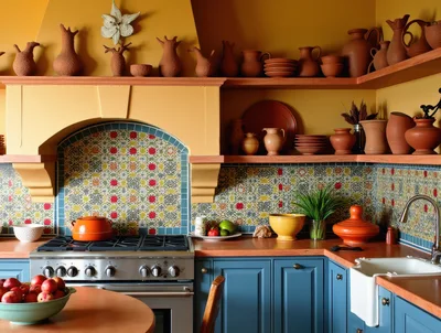 Rustic Kitchen Interior With Terracotta Pottery And Blue Cabinets