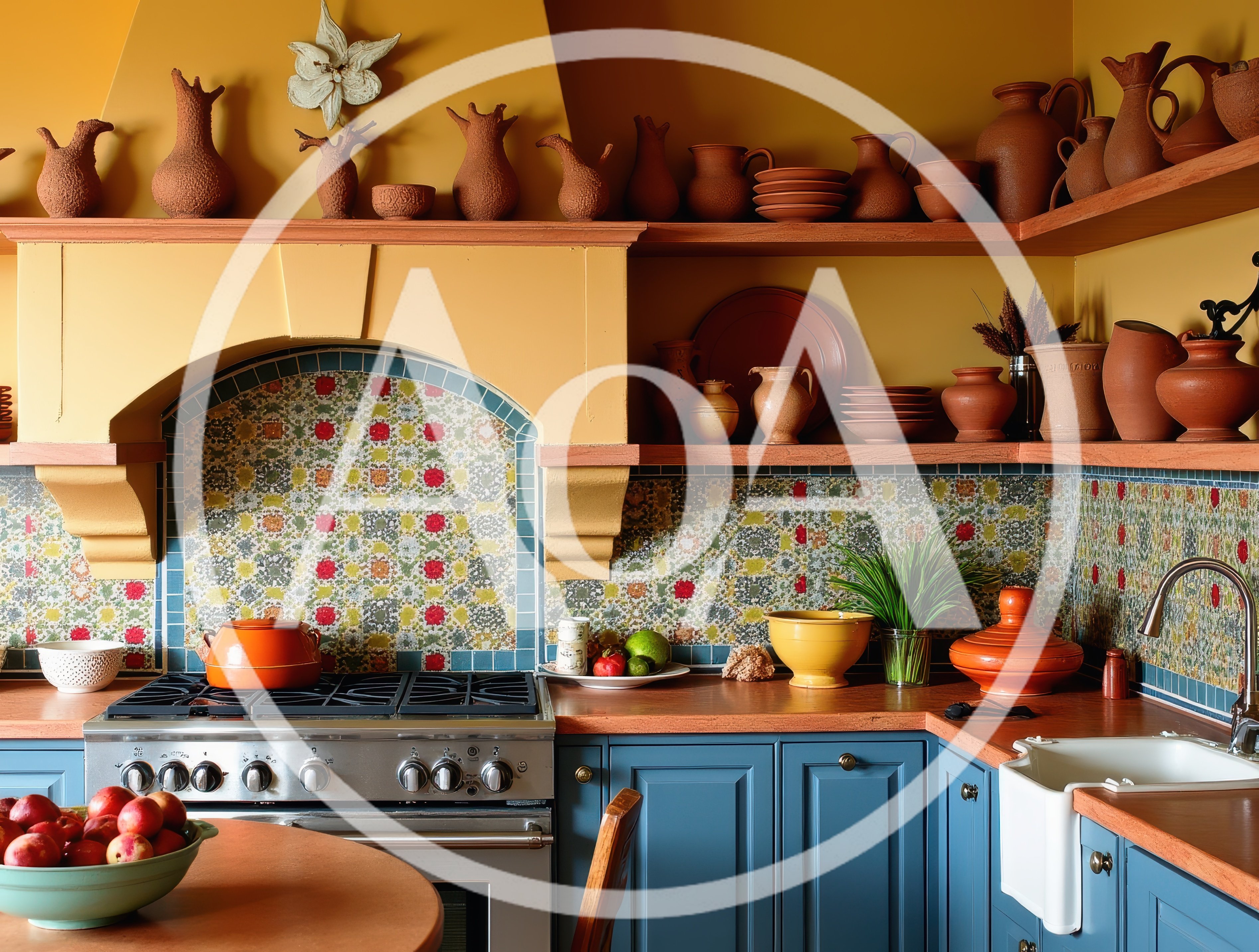 Rustic Kitchen Interior With Terracotta Pottery And Blue Cabinets