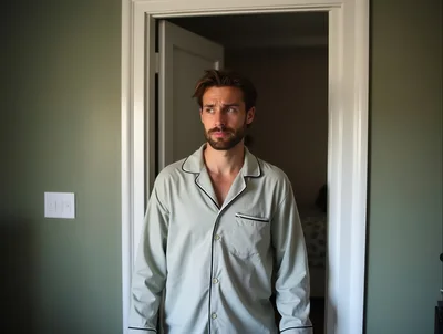 Confused Man Standing In Bedroom Doorway Wearing Pajamas