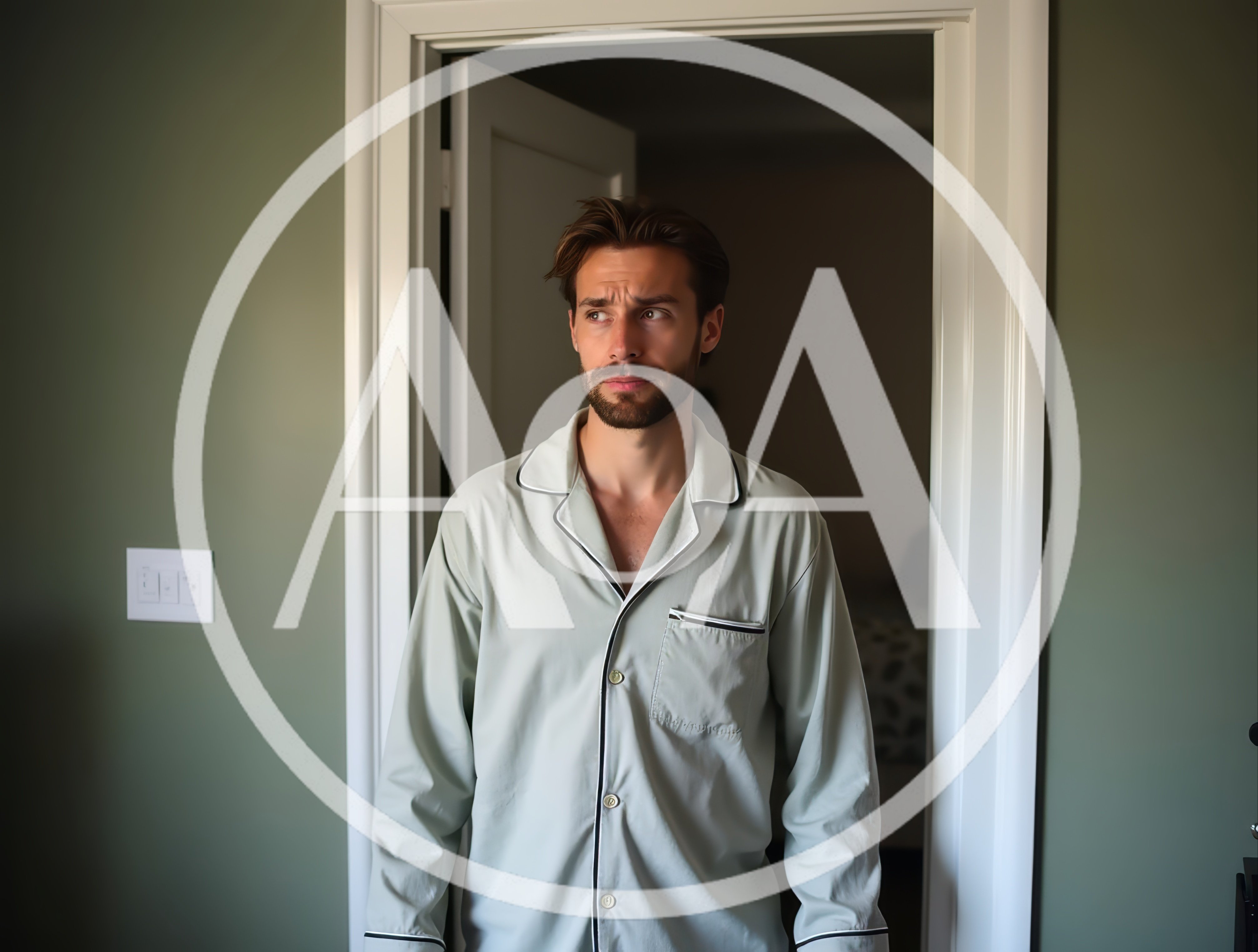 Confused Man Standing In Bedroom Doorway Wearing Pajamas