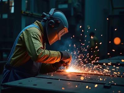 Industrial Welder Working On Metal Plate In Factory