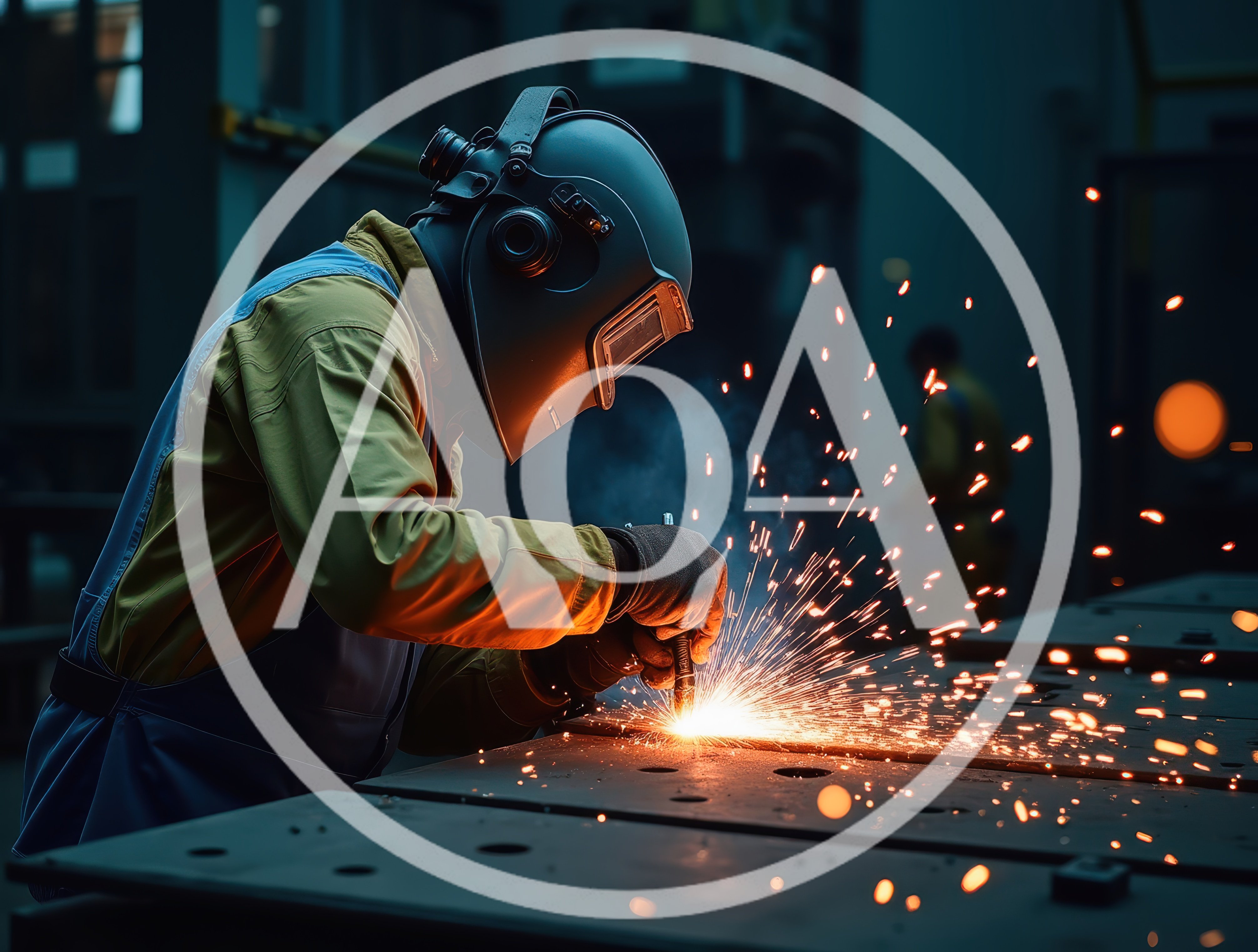Industrial Welder Working On Metal Plate In Factory