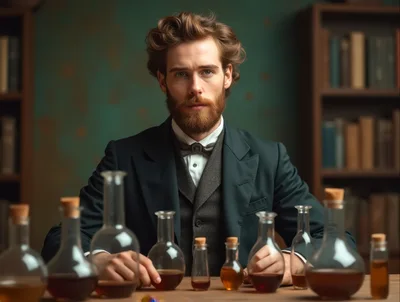 Victorian Chemist Examining Potions In A Library