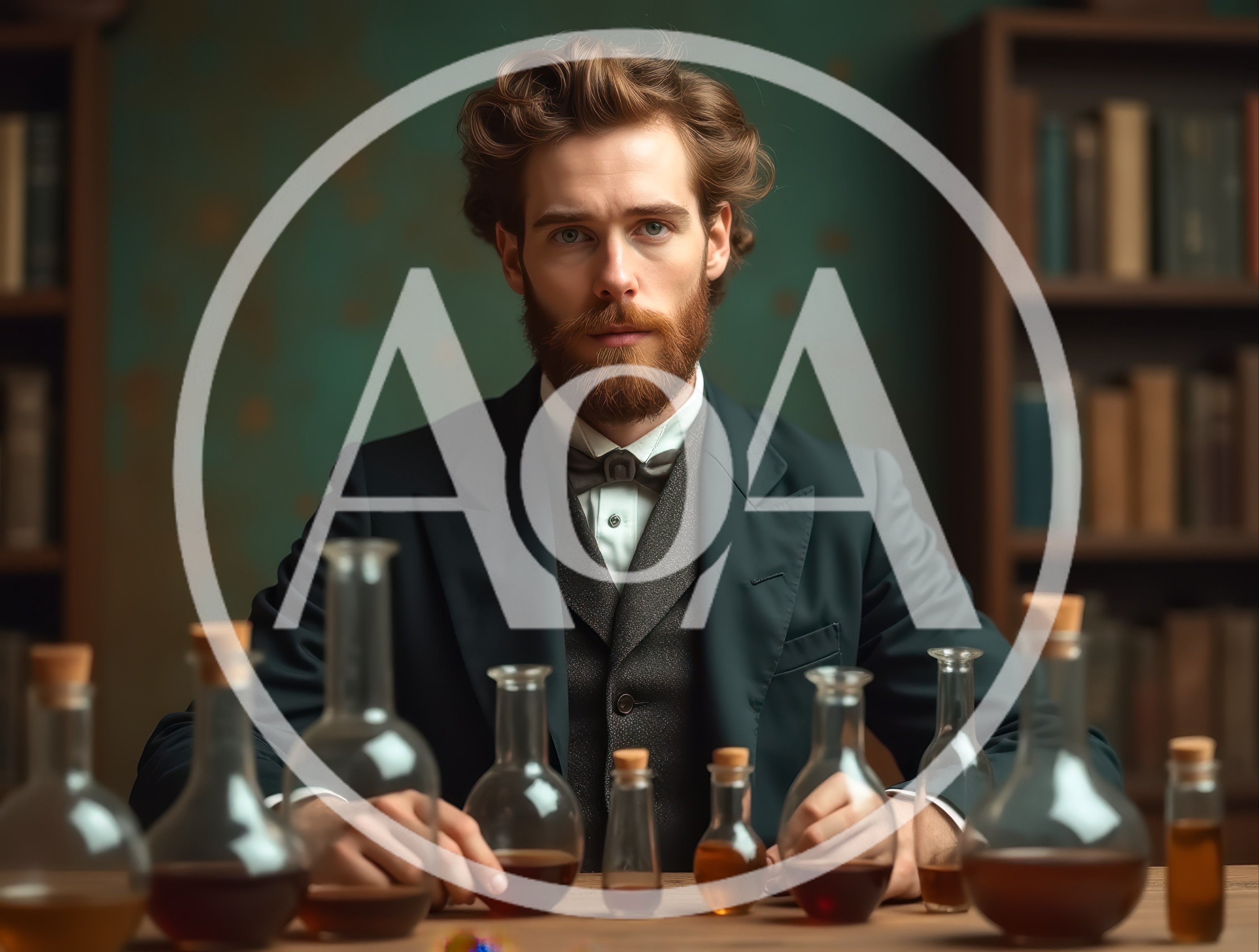 Victorian Chemist Examining Potions In A Library