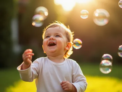 Happy Toddler Playing With Bubbles Outdoors