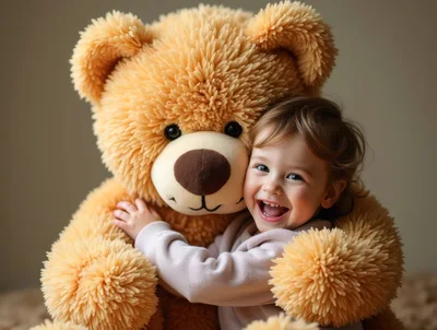 Happy Toddler Hugging A Large Fluffy Teddy Bear