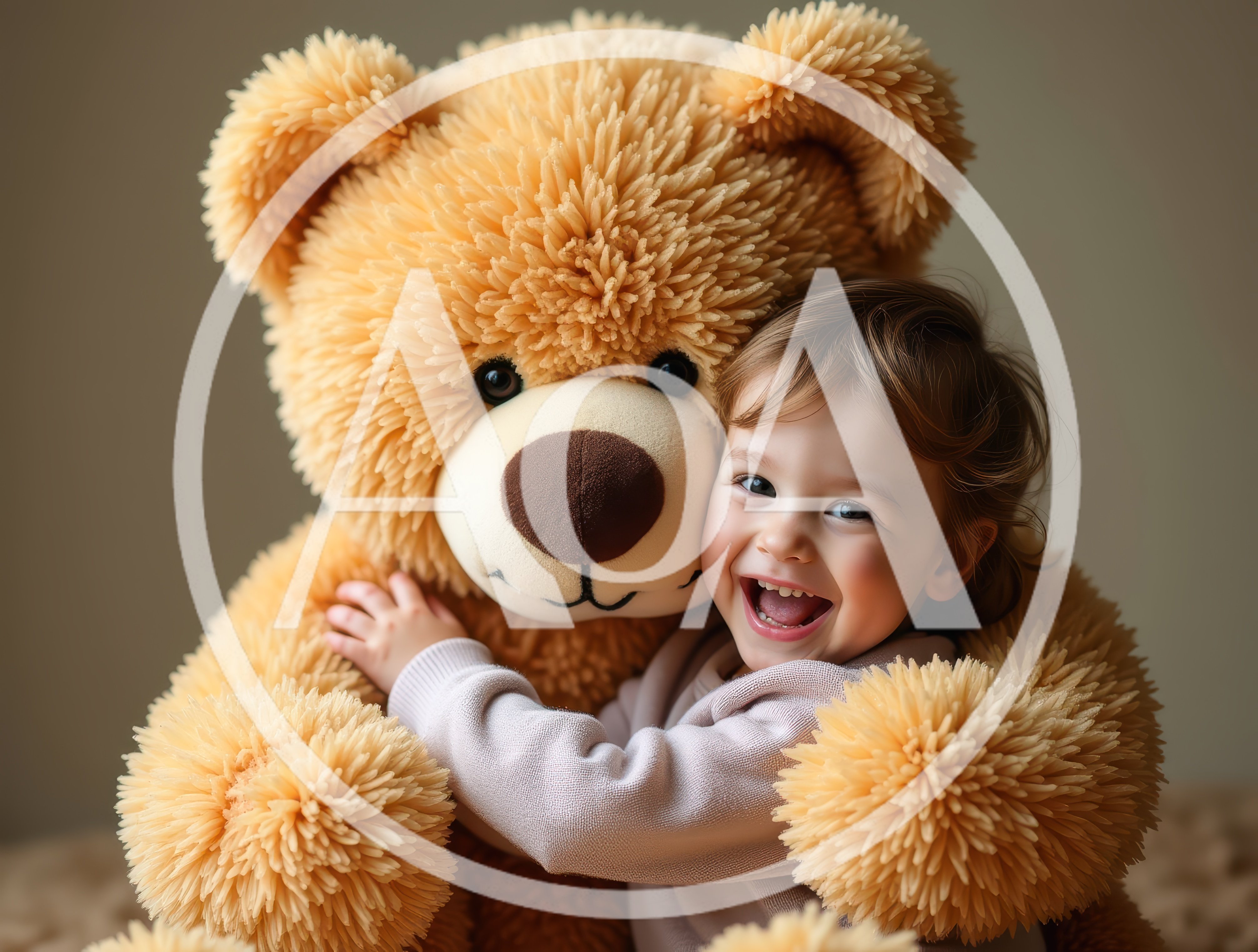 Happy Toddler Hugging A Large Fluffy Teddy Bear