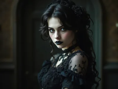 Gothic Woman With Dark Makeup In Victorian Attire