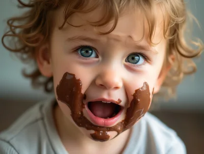Toddler With Chocolate Smudged Face Looking At Camera