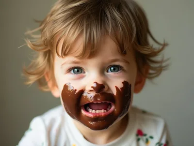Toddler With Face Covered In Chocolate