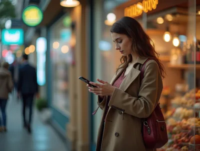 Young Woman Using Smartphone on City Street
