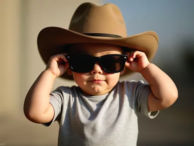 Toddler Wearing Cowboy Hat And Sunglasses