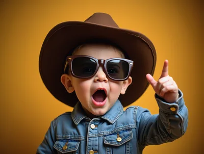 Excited Toddler Wearing Cowboy Hat And Sunglasses