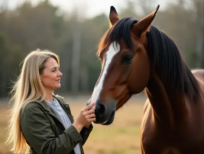 Woman Gently Touching A Brown Horse In A Field