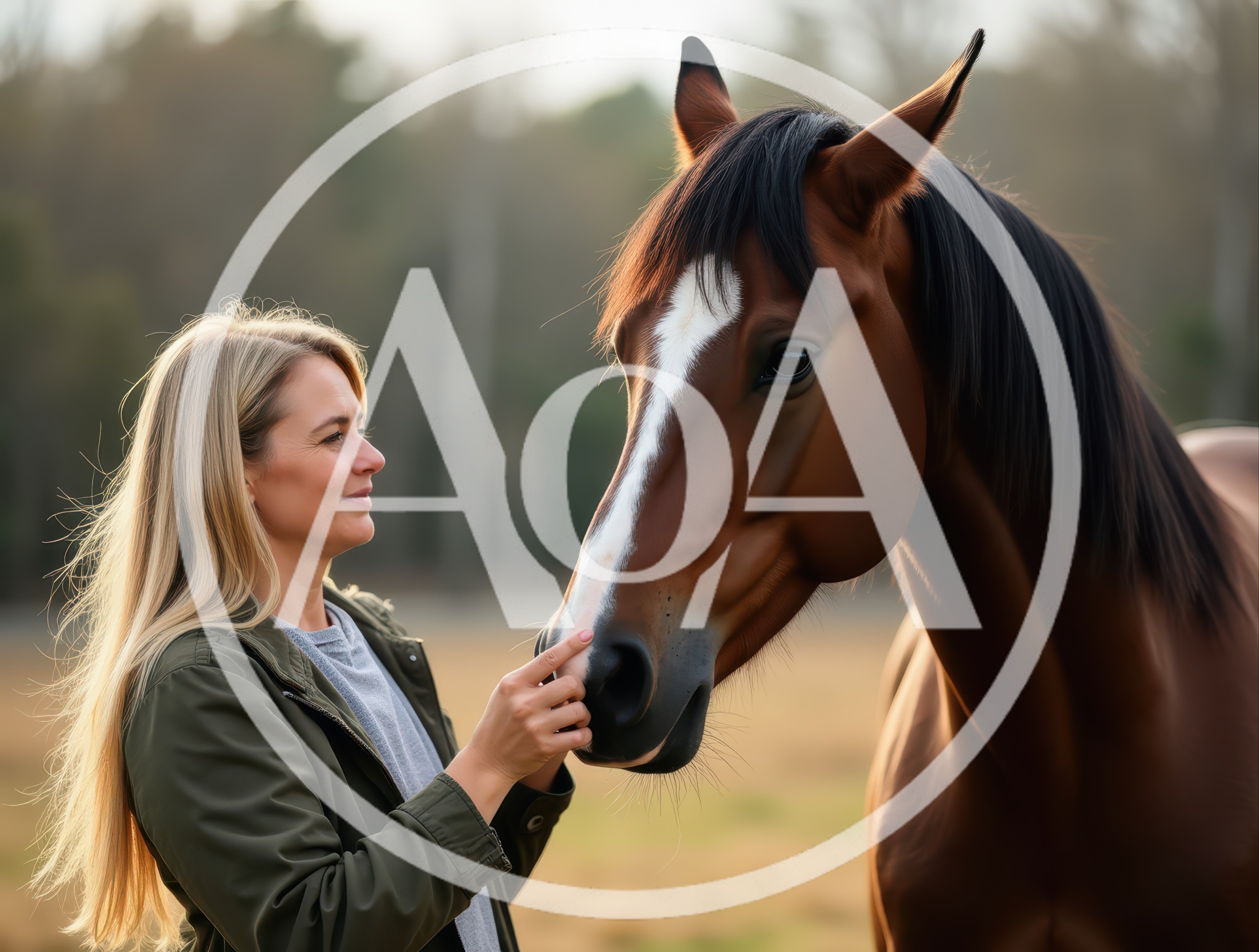 Woman Gently Touching A Brown Horse In A Field