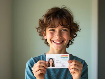 Young Boy Holding Up A Personal Identification Card