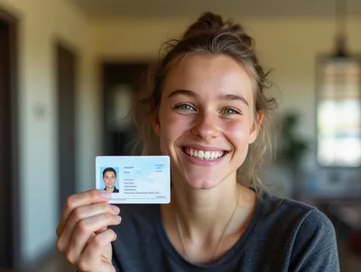 Young Woman Holding Up Identification Card