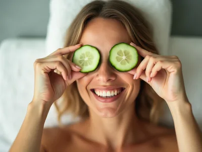 Woman Relaxing With Cucumber Slices On Eyes