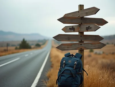 Blue Backpack Leaning Against Wooden Signpost On Roadside