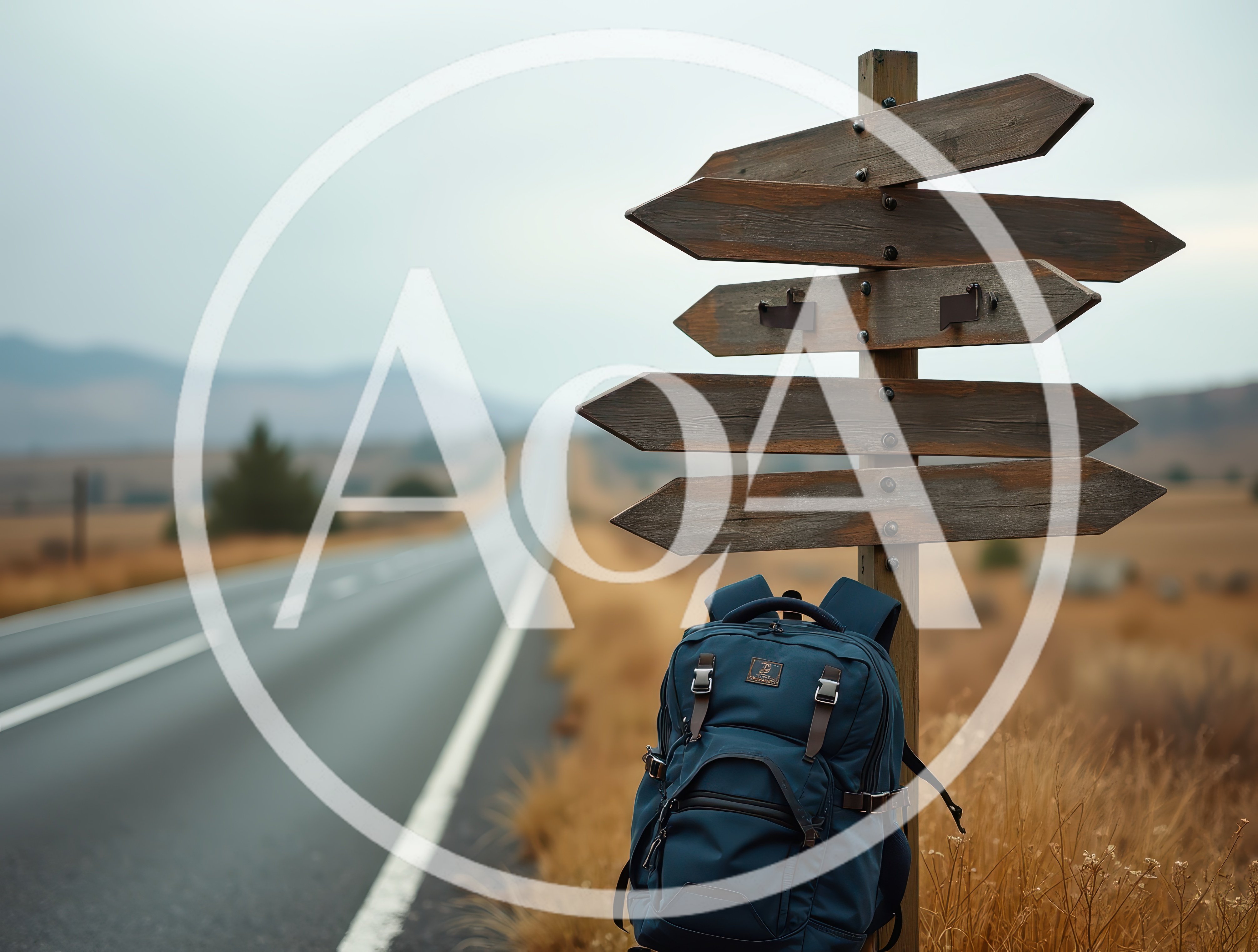 Blue Backpack Leaning Against Wooden Signpost On Roadside