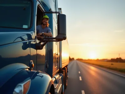 Happy Truck Driver Smiling From Semi Truck Cab