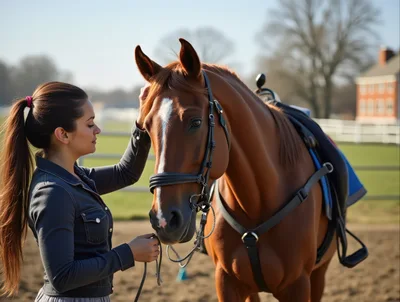 Young Woman Petting Her Horse at an Equestrian Facility