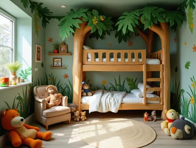 Whimsical Jungle Themed Childrens Bedroom With Bunk Bed