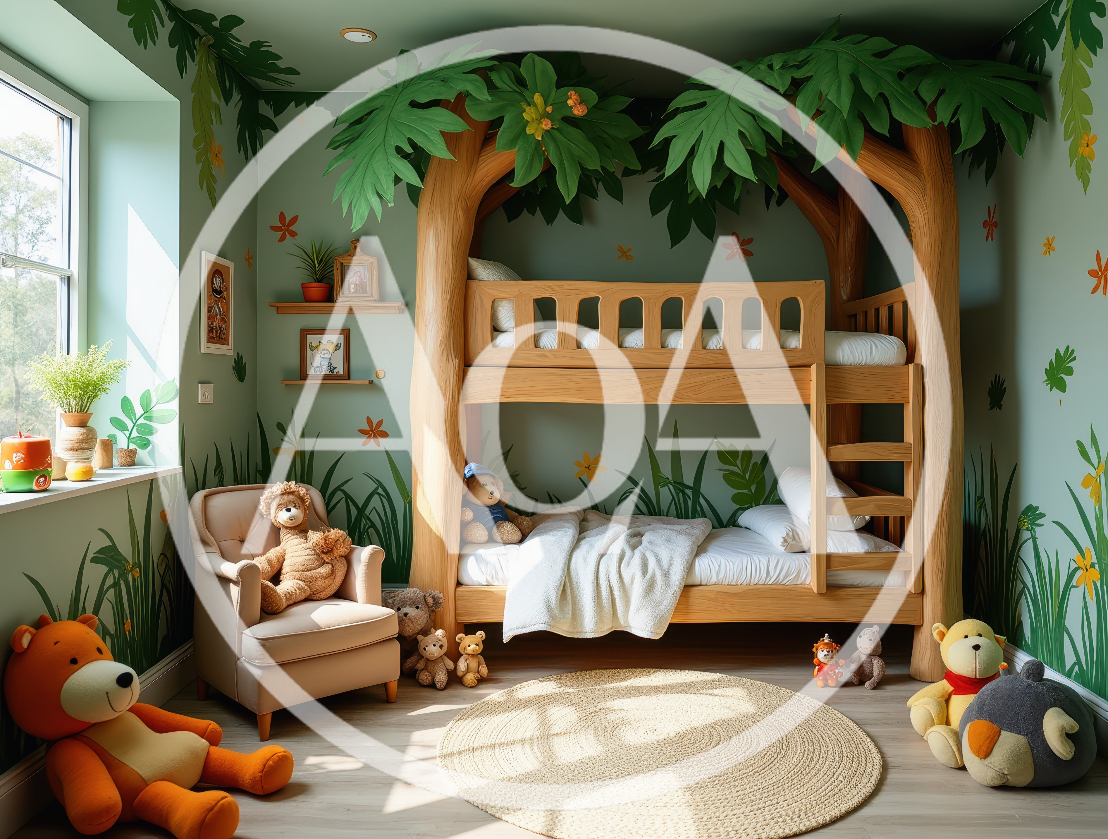Whimsical Jungle Themed Childrens Bedroom With Bunk Bed