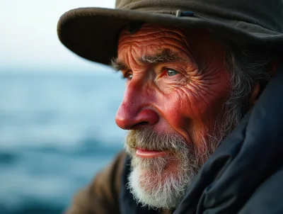 Portrait Of An Elderly Fisherman Wearing A Hat