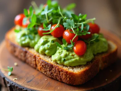 Avocado Toast Topped With Cherry Tomatoes And Microgreens