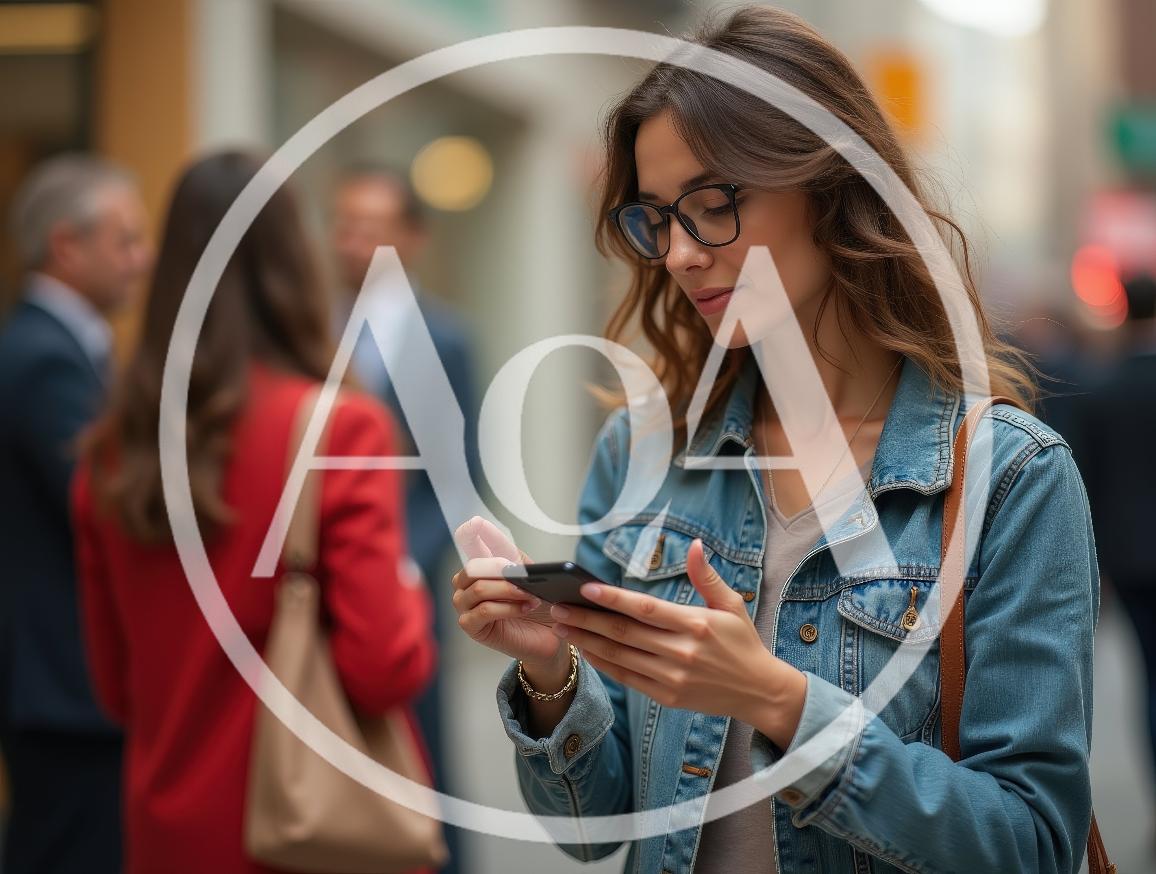 Young Woman Using Smartphone On Busy City Street