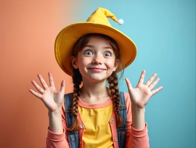 Surprised Young Girl Wearing A Yellow Wizard Hat