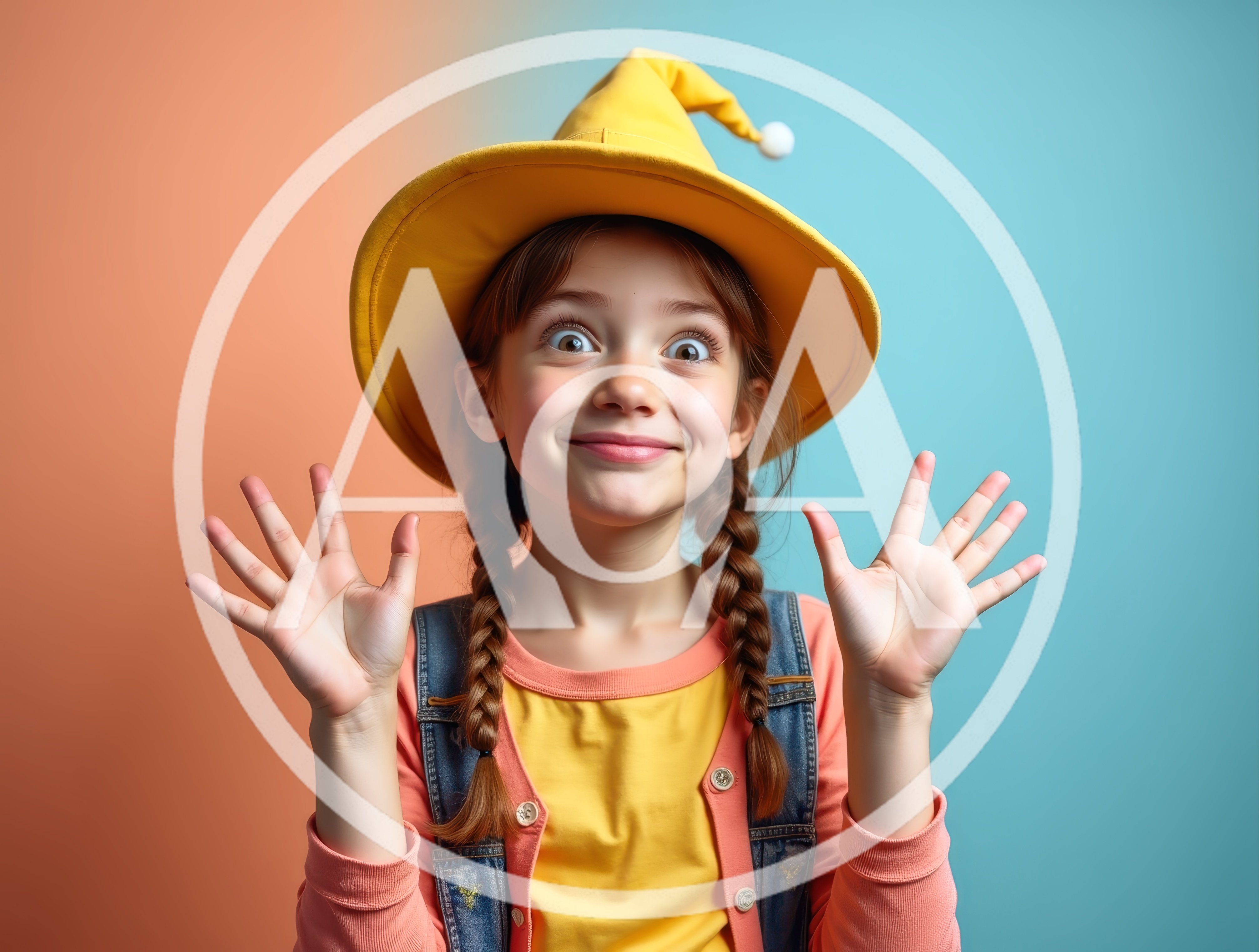 Surprised Young Girl Wearing A Yellow Wizard Hat
