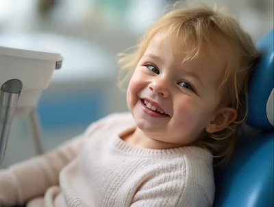Happy Toddler Girl Sitting In A Dentist Chair