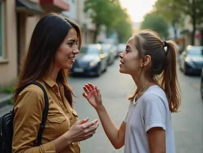 Mother and Daughter Having a Conversation on City Street