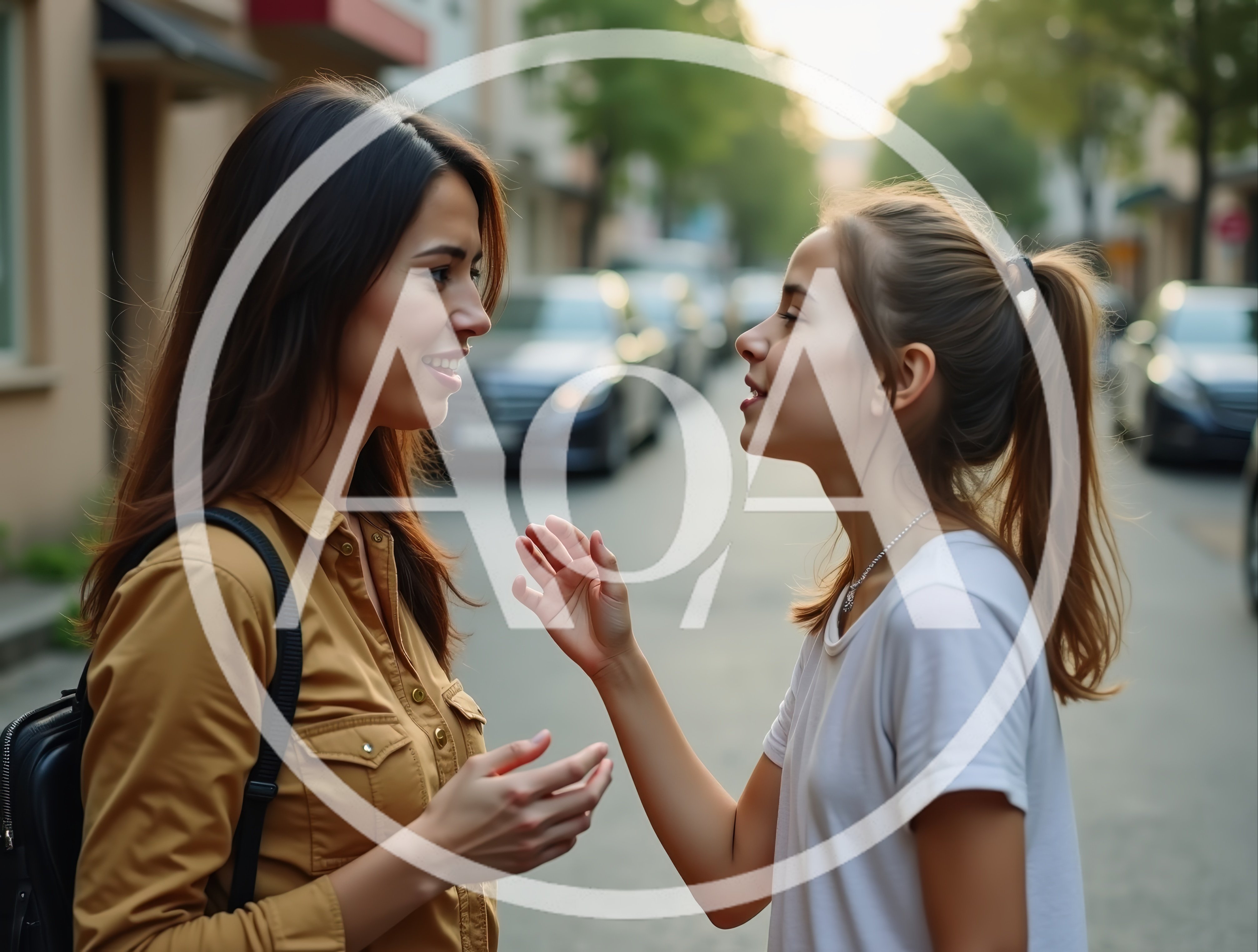 Mother and Daughter Having a Conversation on City Street