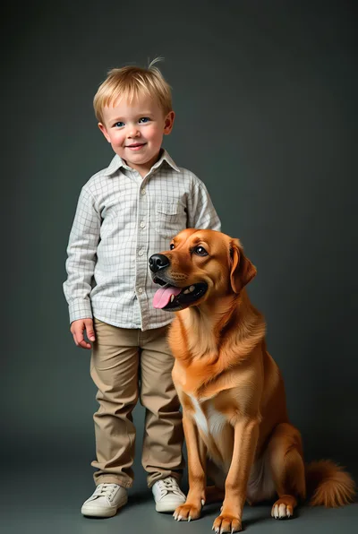 Young Boy Standing With Golden Retriever Dog