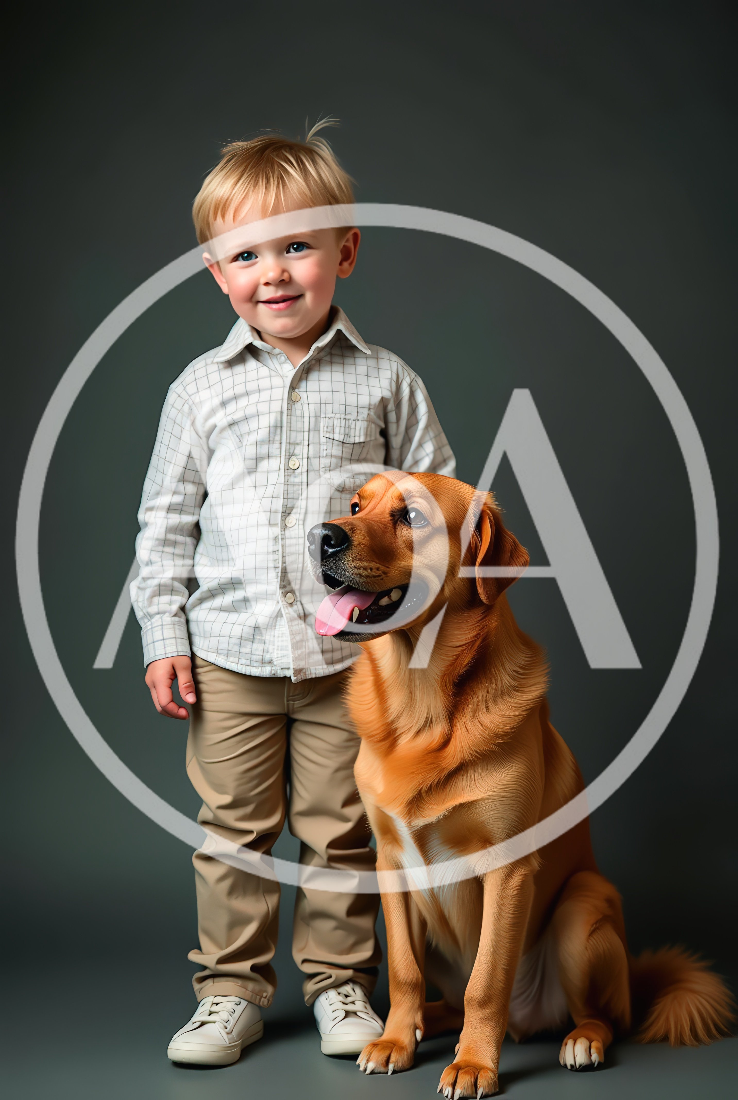 Young Boy Standing With Golden Retriever Dog