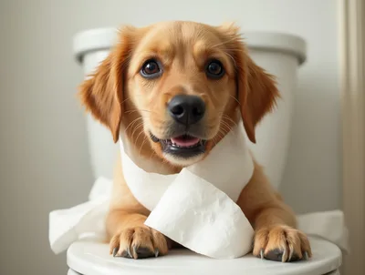 Golden Retriever Puppy Playing With Toilet Paper