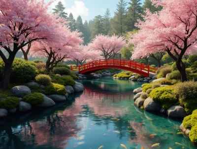 Red Japanese Bridge Over Serene Garden Pond