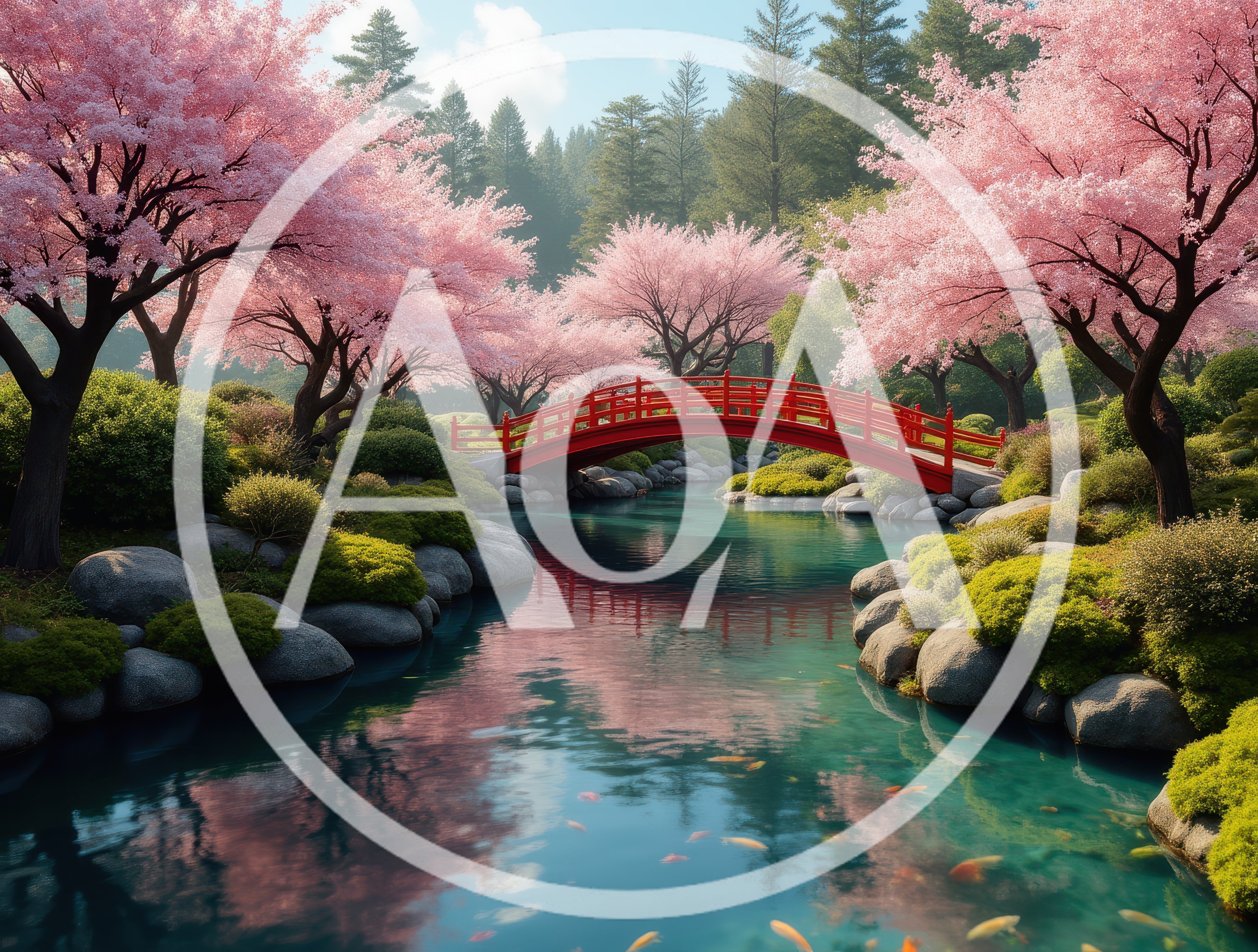 Red Japanese Bridge Over Serene Garden Pond