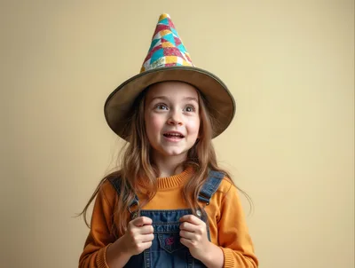 Excited Young Girl Wearing A Colorful Wizard Hat
