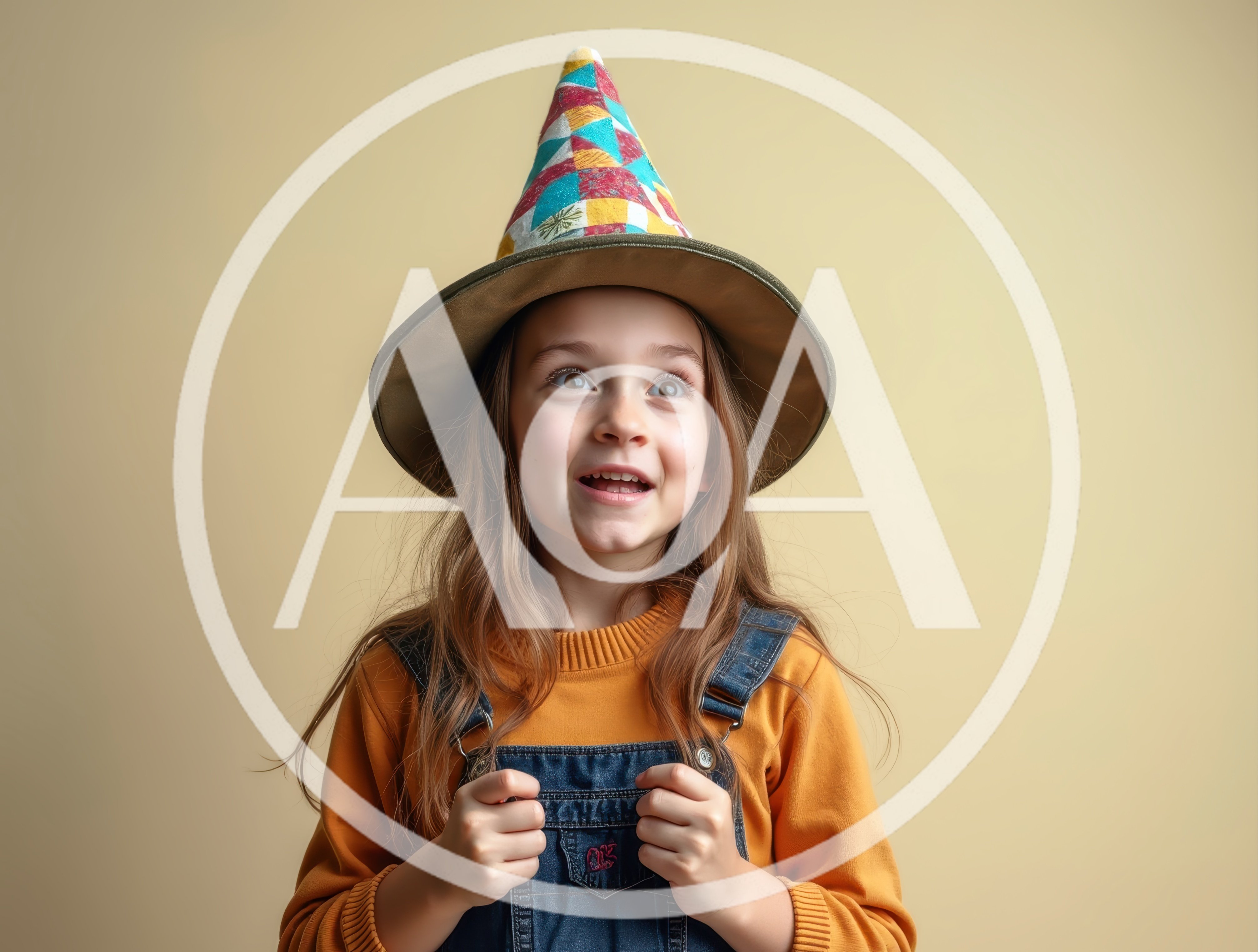 Excited Young Girl Wearing A Colorful Wizard Hat