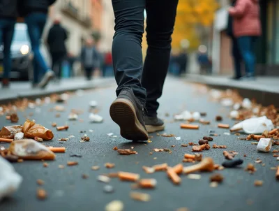 Person Walking Through Litter Covered City Street