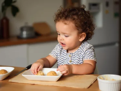 Toddler Eating Homemade Cookies At Kitchen Table