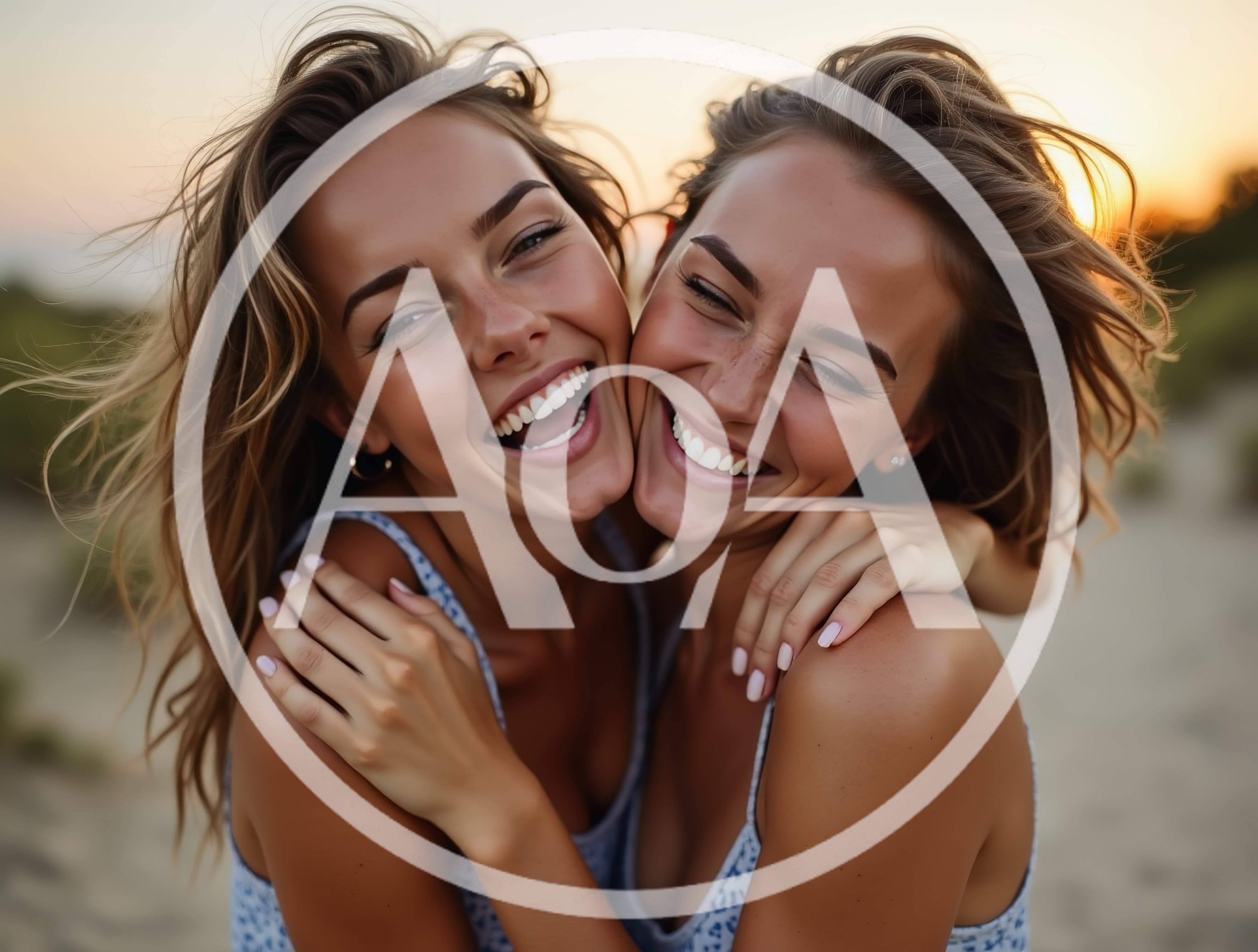 Two Happy Women Embracing Outdoors At Sunset