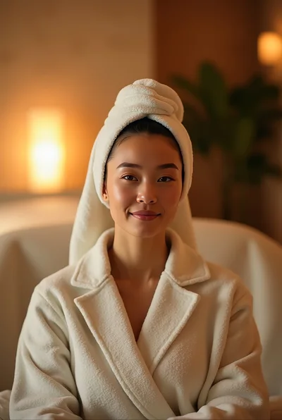 Young Asian Woman Relaxing In A Spa Bathrobe